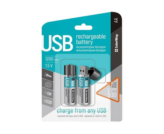 Аккумулятор ColorWay AA USB 1200 mAh 1.5V R6 * 2 (CW-UBAA-02), изображение 2 Аккумулятор ColorWay AA USB 1200 mAh 1.5V R6 * 2 (CW-UBAA-02), изображение 2
