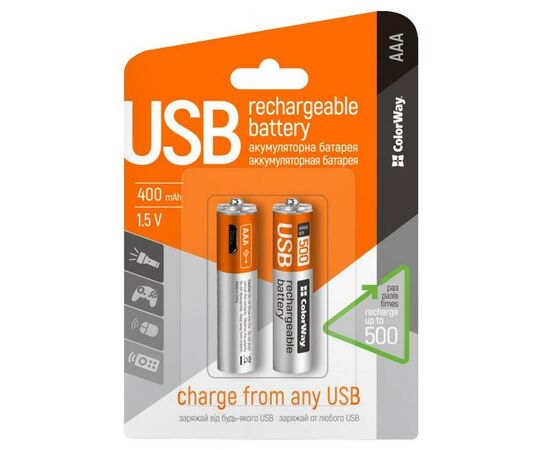 Аккумулятор ColorWay AAA micro USB 400 mAh * 2 (CW-UBAAA-01), изображение 2 Аккумулятор ColorWay AAA micro USB 400 mAh * 2 (CW-UBAAA-01), изображение 2