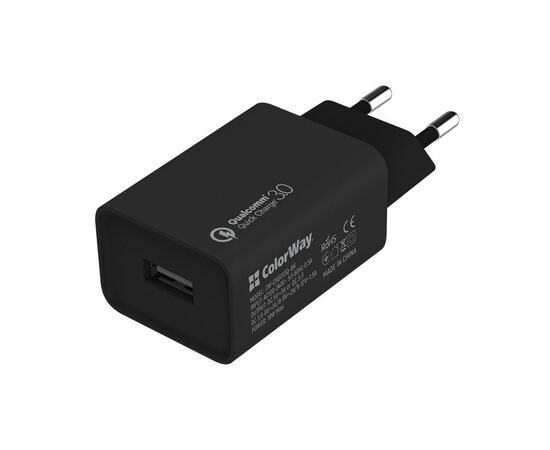 Зарядний пристрій ColorWay 1USB Quick Charge 3.0 (18W) black + cable Lightning (CW-CHS013QCL-BK)