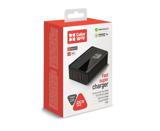 Зарядное устройство ColorWay Power Delivery (2USB-A + 2USB TYPE-C) (65W) black (CW-CHS040PD-BK), изображение 10 Зарядное устройство ColorWay Power Delivery (2USB-A + 2USB TYPE-C) (65W) black (CW-CHS040PD-BK), изображение 10