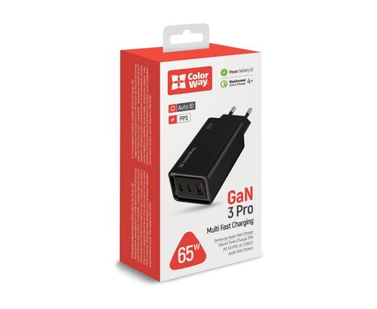 Зарядное устройство ColorWay GaN3 Pro Power Delivery (USB-A + 2 USB TYPE-C) (65W) (CW-CHS039PD-BK), изображение 9 Зарядное устройство ColorWay GaN3 Pro Power Delivery (USB-A + 2 USB TYPE-C) (65W) (CW-CHS039PD-BK), изображение 9