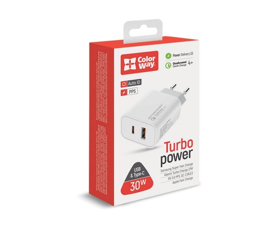 Зарядное устройство ColorWay PD Port PPS USB (Type-C PD + USB QC3.0) (30W) (CW-CHS037PD-WT), изображение 9 Зарядное устройство ColorWay PD Port PPS USB (Type-C PD + USB QC3.0) (30W) (CW-CHS037PD-WT), изображение 9