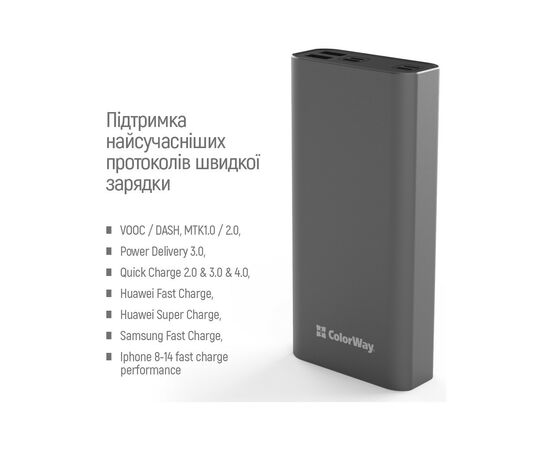 Батарея универсальная ColorWay 20 000 mAh PD/20W, QC/3.0, USB-C/Micro-USB/Lightning/USB-A max.22.5W Gray (CW-PB200LPH3GR-PDD), изображение 7 Батарея универсальная ColorWay 20 000 mAh PD/20W, QC/3.0, USB-C/Micro-USB/Lightning/USB-A max.22.5W Gray (CW-PB200LPH3GR-PDD), изображение 7