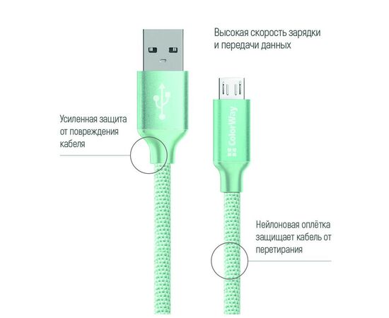 Дата кабель USB 2.0 AM to Micro 5P 1.0m mint ColorWay (CW-CBUM002-MT), изображение 2 Дата кабель USB 2.0 AM to Micro 5P 1.0m mint ColorWay (CW-CBUM002-MT), изображение 2