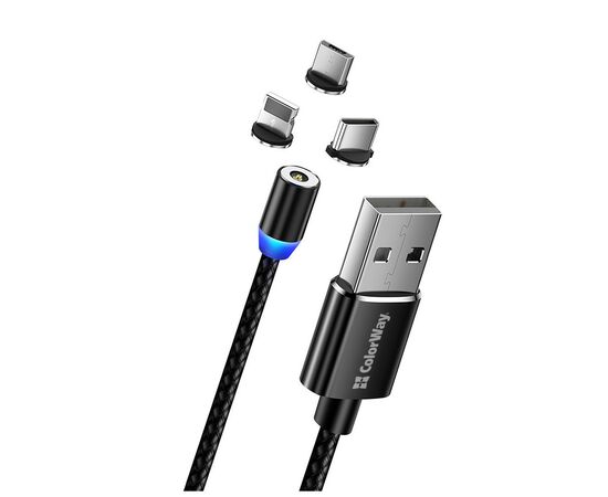 Дата кабель USB 3в1 (Lightning+MicroUSB+Type-C) Magnet only charge ColorWay (CW-CBUU020-BK), изображение 4 Дата кабель USB 3в1 (Lightning+MicroUSB+Type-C) Magnet only charge ColorWay (CW-CBUU020-BK), изображение 4