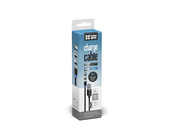 Дата кабель USB 3в1 (Lightning+MicroUSB+Type-C) Magnet only charge ColorWay (CW-CBUU020-BK), изображение 6 Дата кабель USB 3в1 (Lightning+MicroUSB+Type-C) Magnet only charge ColorWay (CW-CBUU020-BK), изображение 6