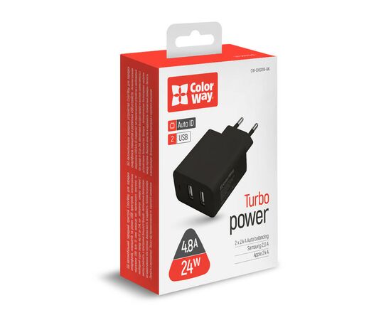 Зарядное устройство ColorWay 2USB AUTO_ID 4.8A (24W) black (CW-CHS016-BK), изображение 5 Зарядное устройство ColorWay 2USB AUTO_ID 4.8A (24W) black (CW-CHS016-BK), изображение 5