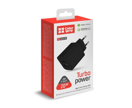 Зарядное устройство ColorWay Type-C PD + USB QC3.0 (20W) V2 black (CW-CHS025QPD-BK), изображение 6 Зарядное устройство ColorWay Type-C PD + USB QC3.0 (20W) V2 black (CW-CHS025QPD-BK), изображение 6