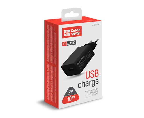 Зарядное устройство ColorWay 1USB AUTO ID 2A (10W) black (CW-CHS012-BK), изображение 5 Зарядное устройство ColorWay 1USB AUTO ID 2A (10W) black (CW-CHS012-BK), изображение 5