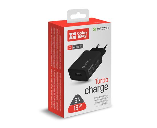 Зарядное устройство ColorWay 1USB Quick Charge 3.0 (18W) black (CW-CHS013Q-BK), изображение 5 Зарядное устройство ColorWay 1USB Quick Charge 3.0 (18W) black (CW-CHS013Q-BK), изображение 5