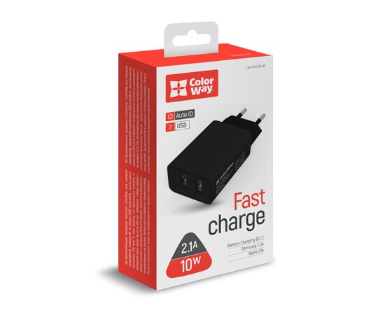 Зарядное устройство ColorWay 2USB AUTO ID 2.1A (10W) black (CW-CHS015-BK), изображение 5 Зарядное устройство ColorWay 2USB AUTO ID 2.1A (10W) black (CW-CHS015-BK), изображение 5