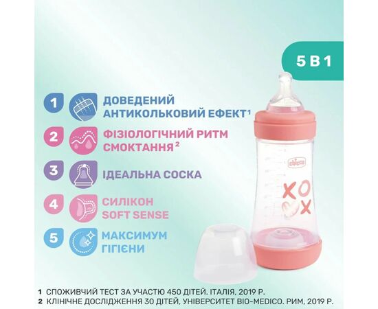 Бутылочка для кормления Chicco Perfect 5 Love с силиконовой соской 2+ мес. 240 мл Розовая (20223.11.40), изображение 3 Бутылочка для кормления Chicco Perfect 5 Love с силиконовой соской 2+ мес. 240 мл Розовая (20223.11.40), изображение 3