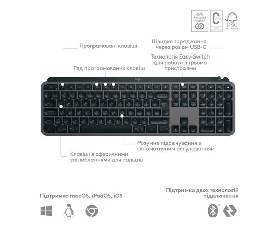 Клавиатура Logitech MX Keys S Wireless UA Graphite (920-011593), изображение 4 Клавиатура Logitech MX Keys S Wireless UA Graphite (920-011593), изображение 4