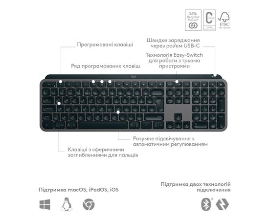 Клавиатура Logitech MX Keys S Wireless UA Graphite (920-011593), изображение 6 Клавиатура Logitech MX Keys S Wireless UA Graphite (920-011593), изображение 6