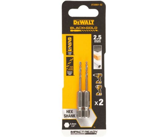 Сверло DeWALT по металлу EXTREME IMPACT Black & Gold,HSS-G, 2,5 х 60 х 14,6 мм, 2 шт. (DT20601)