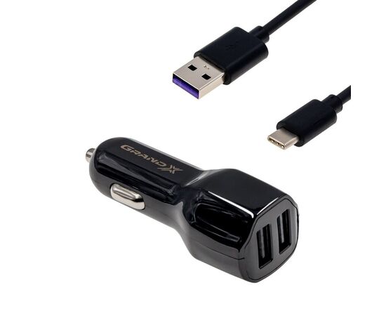 Зарядний пристрій Grand-X 2,1A, 12-24V, 2USB + cable USB -> TypeC, Cu, 1m (CH-26TC)