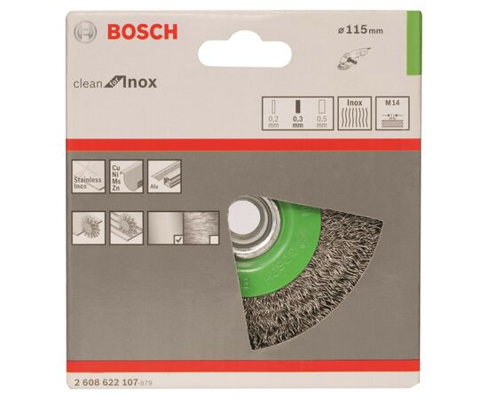 Щетка для электроинструмента Bosch нержавеющая 115мм, 0.3мм, M14 (2.608.622.107), изображение 2 Щетка для электроинструмента Bosch нержавеющая 115мм, 0.3мм, M14 (2.608.622.107), изображение 2