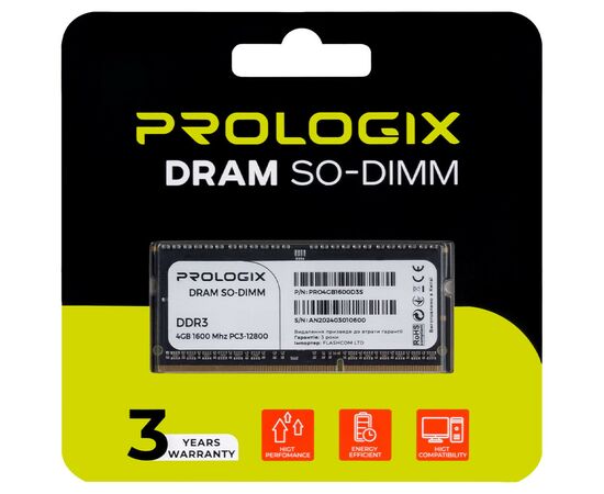 Модуль памяти для ноутбука SoDIMM DDR3 4GB 1600 MHz Prologix (PRO4GB1600D3S), изображение 4 Модуль памяти для ноутбука SoDIMM DDR3 4GB 1600 MHz Prologix (PRO4GB1600D3S), изображение 4