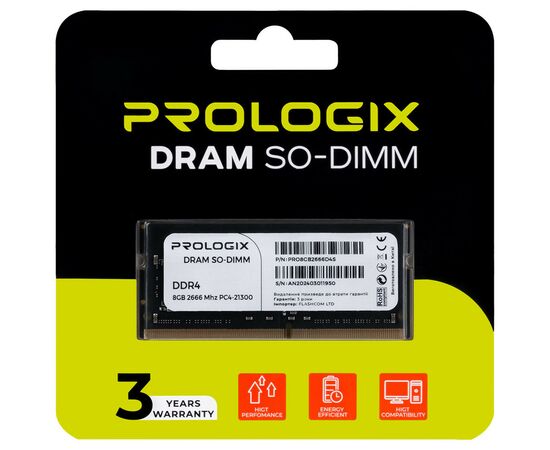 Модуль памяти для ноутбука SoDIMM DDR4 8GB 2666 MHz Prologix (PRO8GB2666D4S), изображение 4 Модуль памяти для ноутбука SoDIMM DDR4 8GB 2666 MHz Prologix (PRO8GB2666D4S), изображение 4