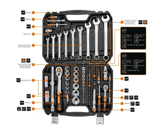 Набор инструментов Neo Tools 82шт, 1/2", 1/4", CrV, кейс (10-059), изображение 2 Набор инструментов Neo Tools 82шт, 1/2", 1/4", CrV, кейс (10-059), изображение 2