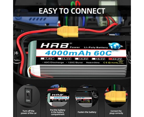 Аккумулятор для дрона HRB_ Lipo 6s 22.2V 4000mAh 60C Battery XT60 Plug (HR-4000MAH-6S-60C-XT60), изображение 2 Аккумулятор для дрона HRB_ Lipo 6s 22.2V 4000mAh 60C Battery XT60 Plug (HR-4000MAH-6S-60C-XT60), изображение 2