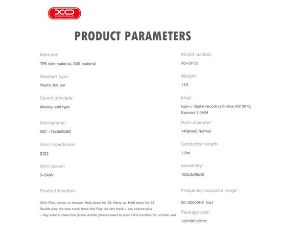 Наушники XO EP72 Type-C White (XO-EP72WH), изображение 4 Наушники XO EP72 Type-C White (XO-EP72WH), изображение 4