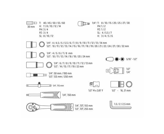 Набор инструментов Neo Tools 108шт, 1/2", 1/4", CrV, кейс (10-212), изображение 6 Набор инструментов Neo Tools 108шт, 1/2", 1/4", CrV, кейс (10-212), изображение 6
