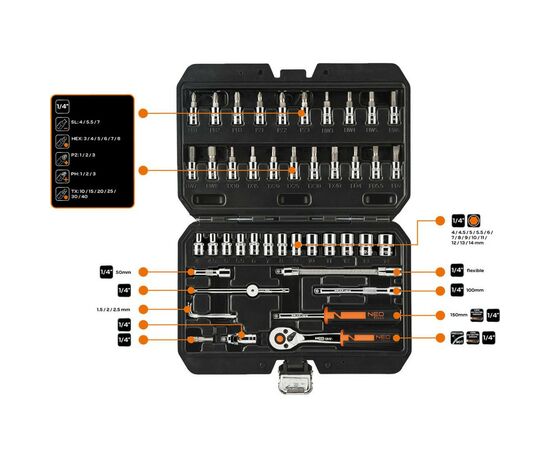 Набор инструментов Neo Tools 46шт, 1/4", CrV, кейс (10-004), изображение 2