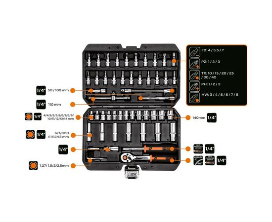 Набор инструментов Neo Tools 53шт, 1/4", CrV, кейс (10-006), изображение 2 Набор инструментов Neo Tools 53шт, 1/4", CrV, кейс (10-006), изображение 2