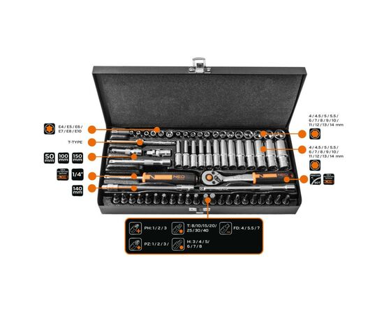 Набор инструментов Neo Tools 63шт, 1/4", CrV, металлический кейс (10-008)