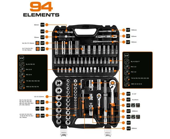 Набор инструментов Neo Tools 94шт, 1/2", 1/4", CrV, кейс (10-062), изображение 2 Набор инструментов Neo Tools 94шт, 1/2", 1/4", CrV, кейс (10-062), изображение 2