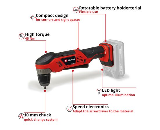 Дрель Einhell угловая TE-AD 18 Li - Solo PXC 18В, 1100 об/мин, 45Нм (без АКБ и ЗУ) (4514290), изображение 10 Дрель Einhell угловая TE-AD 18 Li - Solo PXC 18В, 1100 об/мин, 45Нм (без АКБ и ЗУ) (4514290), изображение 10