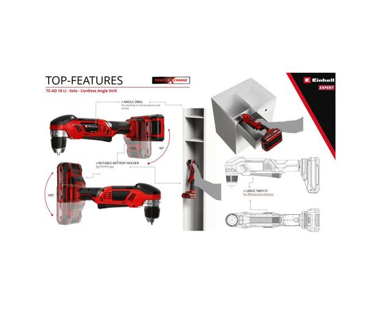 Дрель Einhell угловая TE-AD 18 Li - Solo PXC 18В, 1100 об/мин, 45Нм (без АКБ и ЗУ) (4514290), изображение 11 Дрель Einhell угловая TE-AD 18 Li - Solo PXC 18В, 1100 об/мин, 45Нм (без АКБ и ЗУ) (4514290), изображение 11
