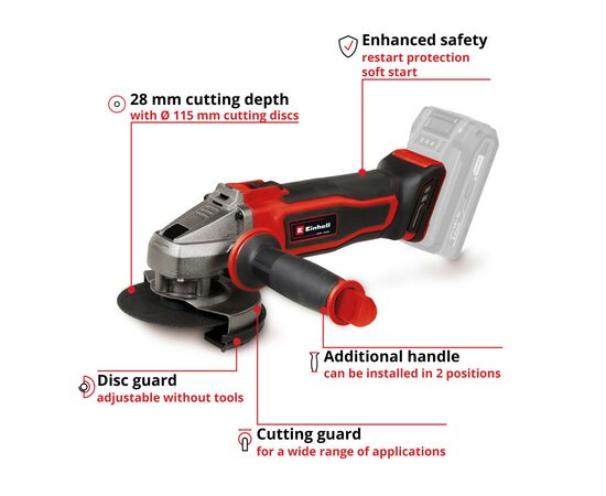Шлифовальная машина Einhell TE-AG 18/115-2 Li - Solo PXC 18В, 115мм, 8500об/мин, 1.7кг (без АКБ и ЗУ) (4431166), изображение 7 Шлифовальная машина Einhell TE-AG 18/115-2 Li - Solo PXC 18В, 115мм, 8500об/мин, 1.7кг (без АКБ и ЗУ) (4431166), изображение 7