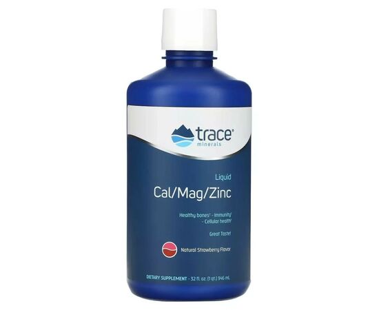 Витаминно-минеральный комплекс Trace Minerals Жидкий кальций, магний, цинк, вкус клубники, Liquid Cal Mag Zinc, (TMR-00230)