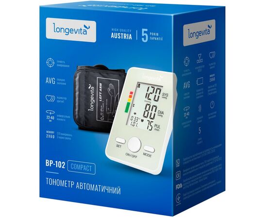 Тонометр Longevita Авт.вимір.артер.тиску LONGEVITA BP-102 Авт. вимір. артер. тиску (BP-102), изображение 5 Тонометр Longevita Авт.вимір.артер.тиску LONGEVITA BP-102 Авт. вимір. артер. тиску (BP-102), изображение 5