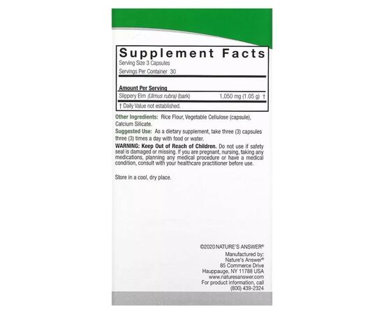 Вітамінно-мінеральний комплекс Nature's Answer Слизький в'яз, 1050 мг, Slippery Elm, 90 вегетаріанських капсул (NTA-16334), зображення 3 Вітамінно-мінеральний комплекс Nature's Answer Слизький в'яз, 1050 мг, Slippery Elm, 90 вегетаріанських капсул (NTA-16334), зображення 3