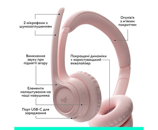 Наушники Logitech Zone 300 Bluetooth Rose (981-001412), изображение 6 Наушники Logitech Zone 300 Bluetooth Rose (981-001412), изображение 6