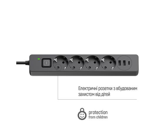 Сетевой фильтр питания ColorWay CW-CHE435PDB, 4 розетки/3USB 5M (CW-CHE435PDB), изображение 7 Сетевой фильтр питания ColorWay CW-CHE435PDB, 4 розетки/3USB 5M (CW-CHE435PDB), изображение 7