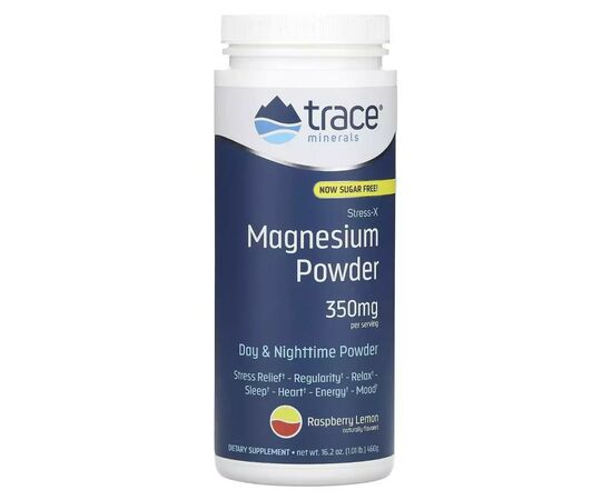 Мінерали Trace Minerals Магній, смак малина-лимон, 350 мг, Stress-X, Magnesium Powder, 460 гр (TMR-00350)