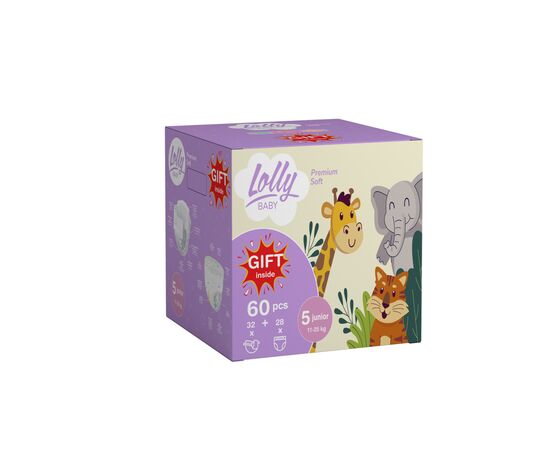Подгузники Lolly Premium Soft размер 5 (11-25 кг) Подгузники 32 шт + Подгузники-трусики 28 шт + Подарок (4820174981198)