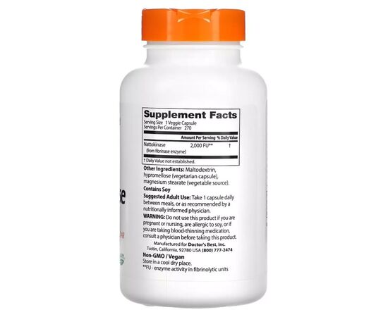 Пробиотики Doctor's Best Наттокиназа, 2000 FU, Nattokinase, 270 вегетарианских капсул (DRB-00253), изображение 2 Пробиотики Doctor's Best Наттокиназа, 2000 FU, Nattokinase, 270 вегетарианских капсул (DRB-00253), изображение 2