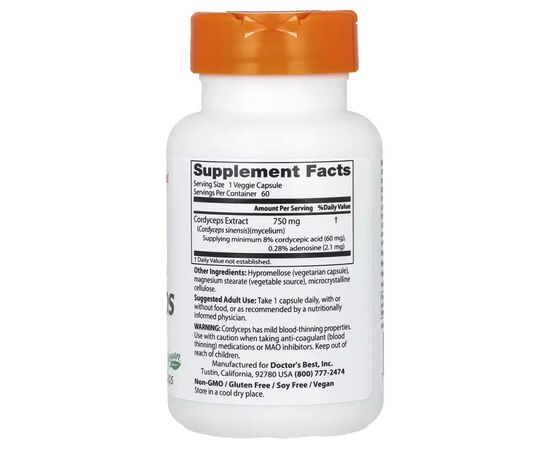 Травы Doctor's Best Кордицепс, 750 мг, Ultra Cordyceps, 60 вегетарианских капсул (DRB-00103), изображение 2 Травы Doctor's Best Кордицепс, 750 мг, Ultra Cordyceps, 60 вегетарианских капсул (DRB-00103), изображение 2