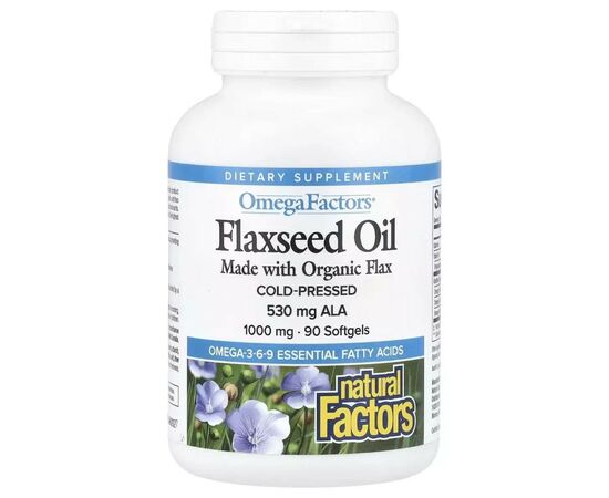Травы Natural Factors Льняное масло, 1000 мг, OmegaFactors, Flaxseed Oil, 90 гелевых капсул (NFS-02210)