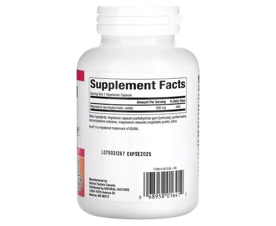Минералы Natural Factors Магний Бисглицинат, 200 мг, Magnesium Bisglycinate, 120 вегетарианск (NFS-01641), изображение 2 Минералы Natural Factors Магний Бисглицинат, 200 мг, Magnesium Bisglycinate, 120 вегетарианск (NFS-01641), изображение 2