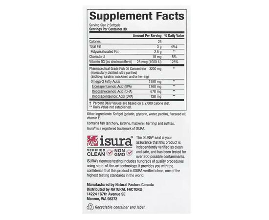 Жирные кислоты Natural Factors Омега-3 ультра и витамин D3, 2150 мг, RxOmega-3 Ultra Strength with Vitamin D3 (NFS-35489), изображение 3 Жирные кислоты Natural Factors Омега-3 ультра и витамин D3, 2150 мг, RxOmega-3 Ultra Strength with Vitamin D3 (NFS-35489), изображение 3