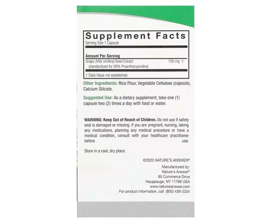 Трави Nature's Answer Виноградні кісточки, 150 мг, Grape Seed, 60 вегетаріанських кав. (NTA-16397), зображення 3 Трави Nature's Answer Виноградні кісточки, 150 мг, Grape Seed, 60 вегетаріанських кав. (NTA-16397), зображення 3