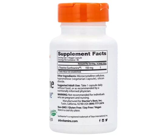 Амінокислота Doctor's Best L-теанін, 150 мг, L-Theanine with Suntheanine, 90 вегетаріанських капсул (DRB-00197), зображення 2 Амінокислота Doctor's Best L-теанін, 150 мг, L-Theanine with Suntheanine, 90 вегетаріанських капсул (DRB-00197), зображення 2