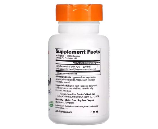 Антиоксидант Doctor's Best Ресвератрол, 600 мг, High Potency Trans-Resveratrol 600, 60 вегетаріанські (DRB-00416), зображення 2