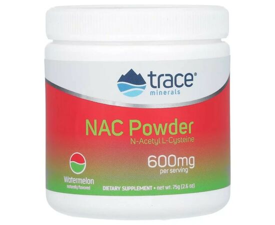 Аминокислота Trace Minerals NAC N-ацетил L-цистеин, 600 мг, вкус арбуза, NAC Powder, 75 гр (TMR-00670)